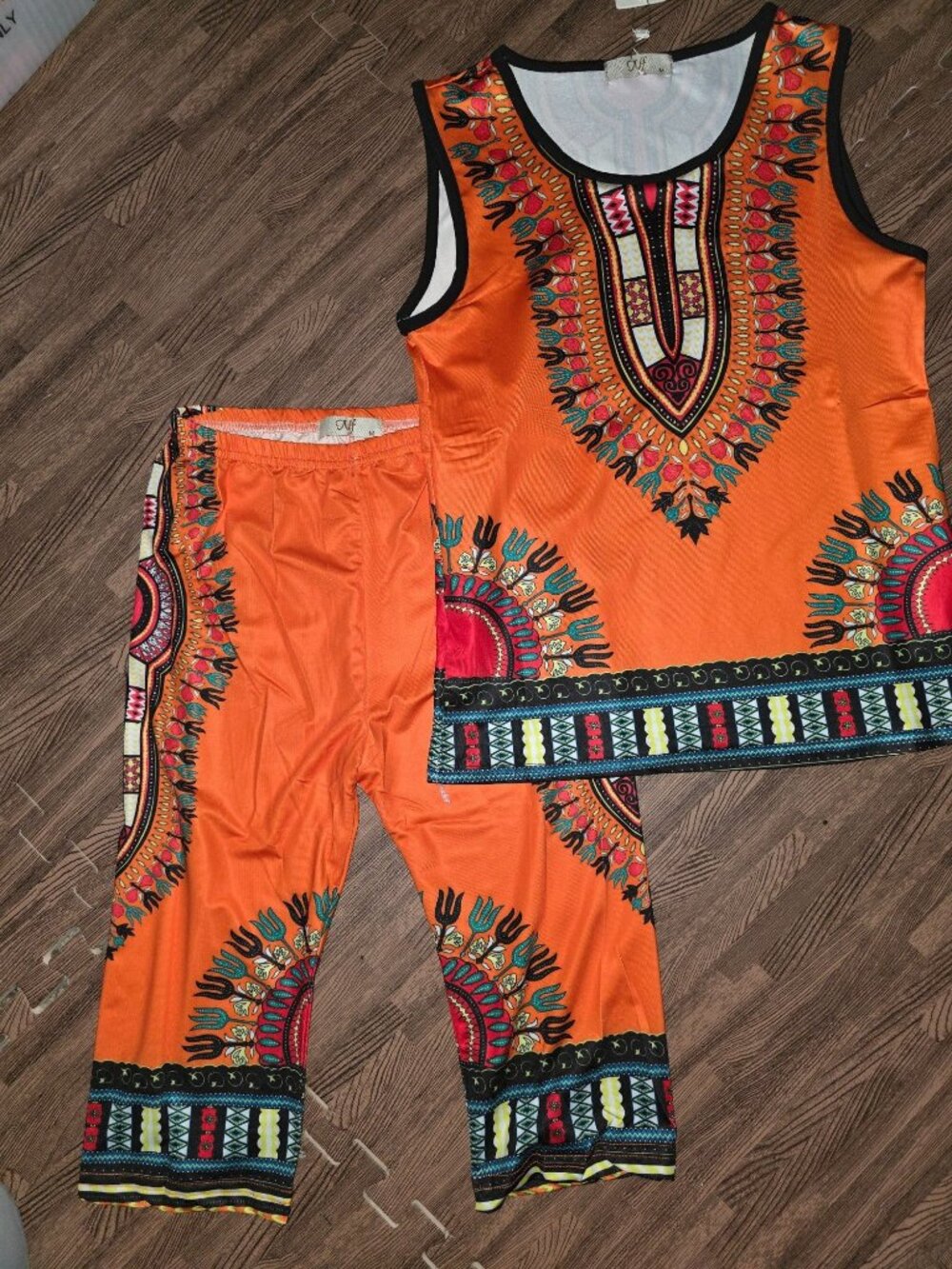 African Dashiki Print Sleeveless Top & shorts Set Vibrant Orange Medium Unisex P